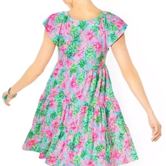 Lilly Pulitzer Kawai Fluttter Sleeve Swing Dress Surf Blue So Shellegant Sz. XXS - Picture 2 of 12